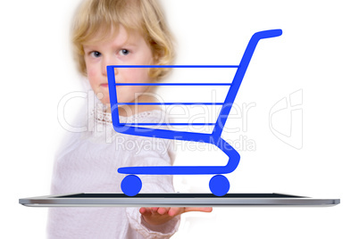 Child with tablet computer and cart