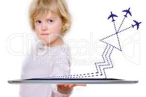 Child with tablet PC and arrow graphic with aircraft