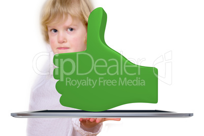 Child with tablet and thumbs up
