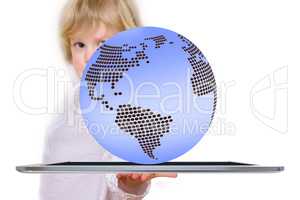 Child with tablet computer and globe