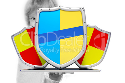 Child with tablet PC and shield