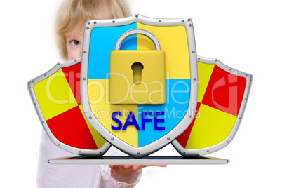 Child with tablet PC and shield