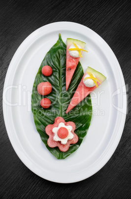 Appetizer of watermelon with ricotta