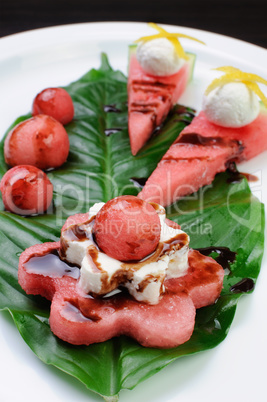 Appetizer of watermelon with ricotta