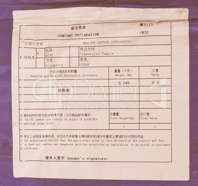 Chinese customs declaration vintage