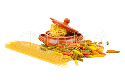 pasta and a clay pot isolated on white background