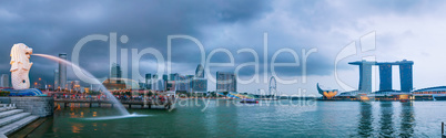 Panoramic overview of Singapore with the Merlion and Marina Bay