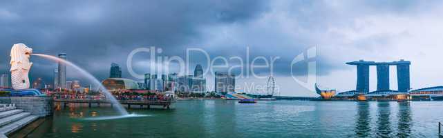 Panoramic overview of Singapore with the Merlion and Marina Bay