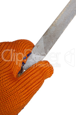 gloved hand with file