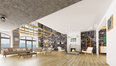 Interior of modern loft apartment 3d render