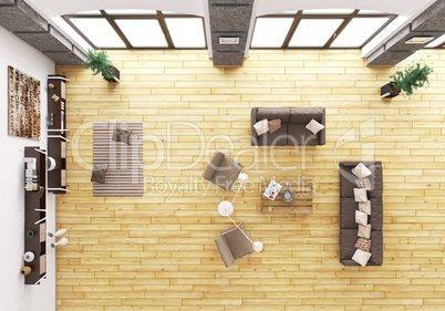 Top view of living room interior 3d render