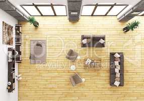 Top view of living room interior 3d render