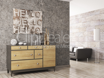 Wooden cabinet against concrete wall 3d render
