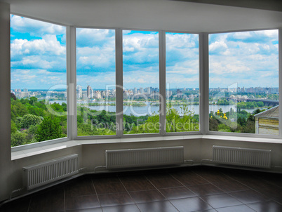 window with a view of Kyiv in spring