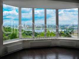window with a view of Kyiv in spring