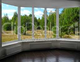 plastic windows with view of pine forest