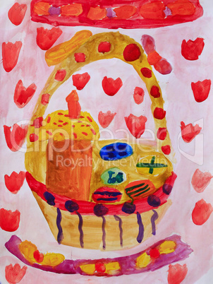 drawing of Easter still life basket with bread and eggs
