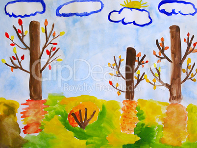 autumn children's drawing with trees and clouds