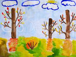 autumn children's drawing with trees and clouds