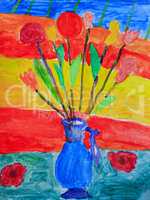 Children's drawing with bouquet of flowers in vase