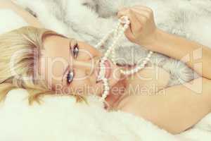 Instagram Style Beautiful Woman Girl in Pearls and Fur