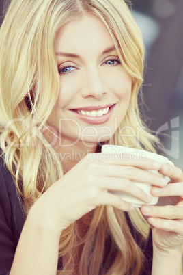 Instagram Style Beautiful Blond Woman Drinking Coffee