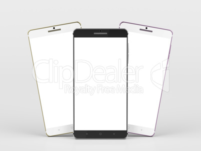 Three smartphones with blank screens
