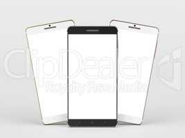Three smartphones with blank screens