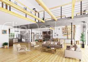 Loft apartment interior 3d render