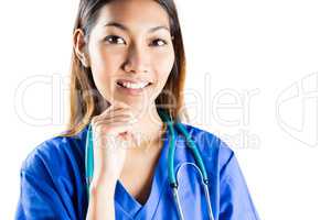 Asian nurse thinking with hand on chin