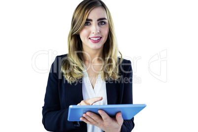 Smiling woman using tablet