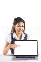 Smiling businesswoman pointing a laptop