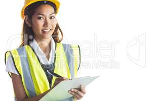 Architect woman with yellow helmet and plans