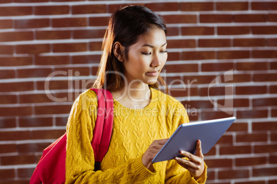 Focused asian female student using tablet