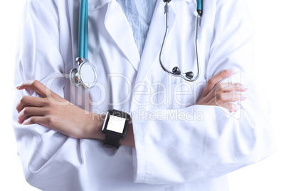 Close up of asian doctor showing her smart watch