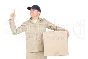 Delivery man carrying a package and pointing