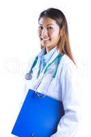 Asian doctor holding blue binder