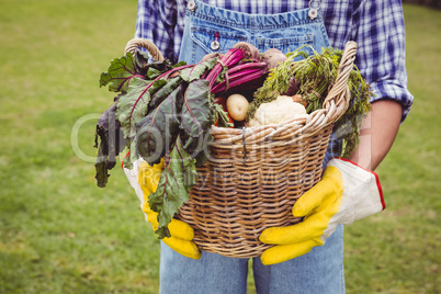 Man holding a basket of freshly harvested vegetables