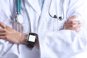 Close up of asian doctor showing her smart watch