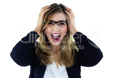 Shouting woman touching her head