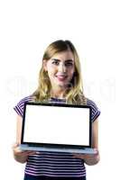 Smiling woman presenting her laptop