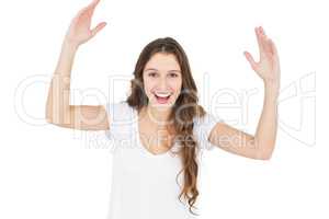 Happy woman raising hands