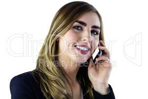 Smiling woman using smartphone