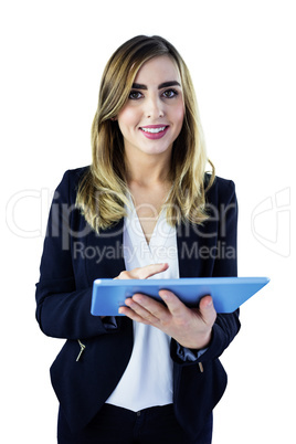 Smiling woman using tablet