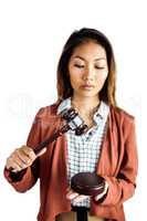 Businesswoman banging a law hammer on the gavel