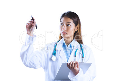 Asian doctor pointing with pen