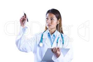 Asian doctor pointing with pen