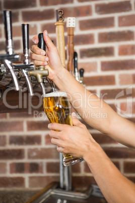 Handsome barman pouring a pint of beer