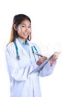 Asian doctor writing on files