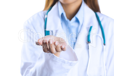 Asian doctor stretching out hand